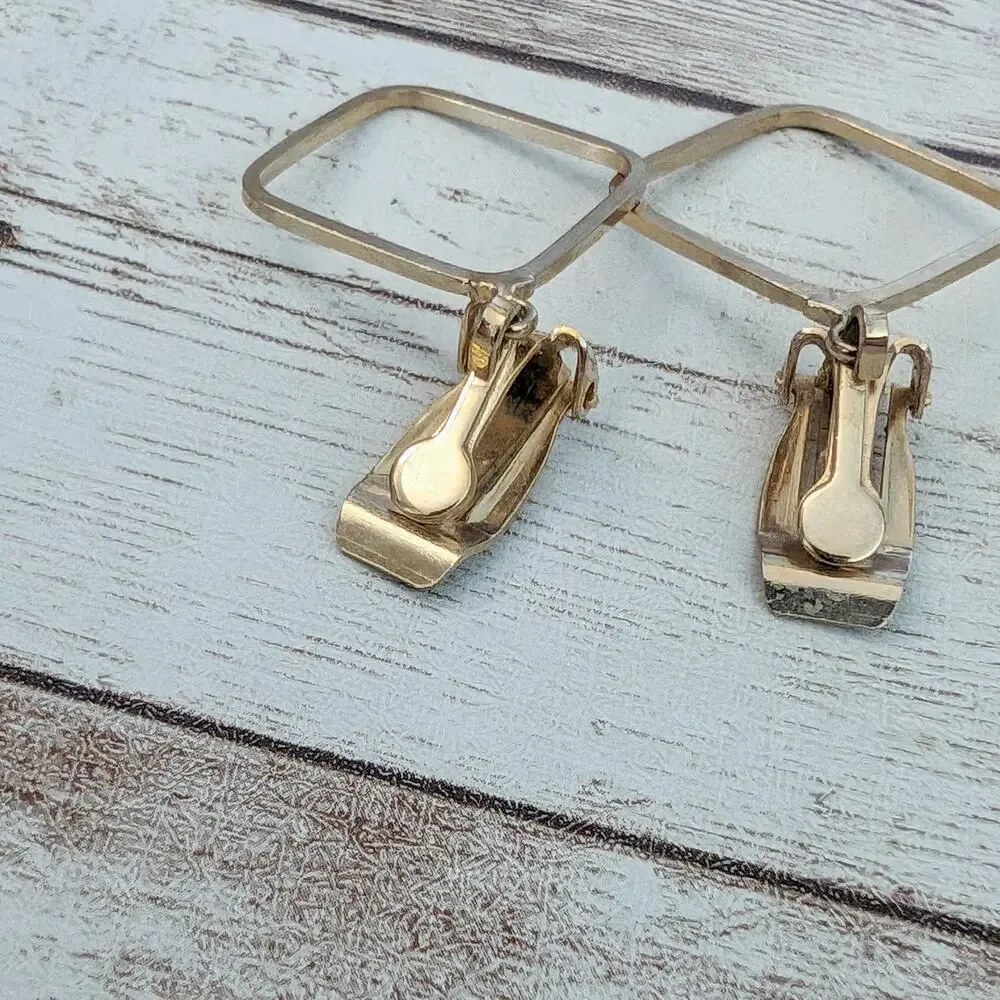 Vintage Clip On Earrings Rounded Square Gold Tone Dangle